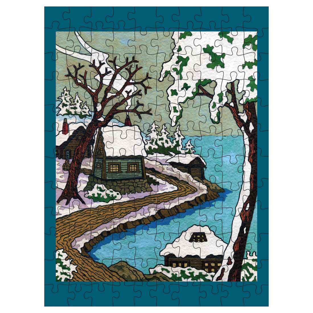 CJ Hurley: Snowy Cabins 120 Piece Double-Sided Jigsaw Puzzle Set