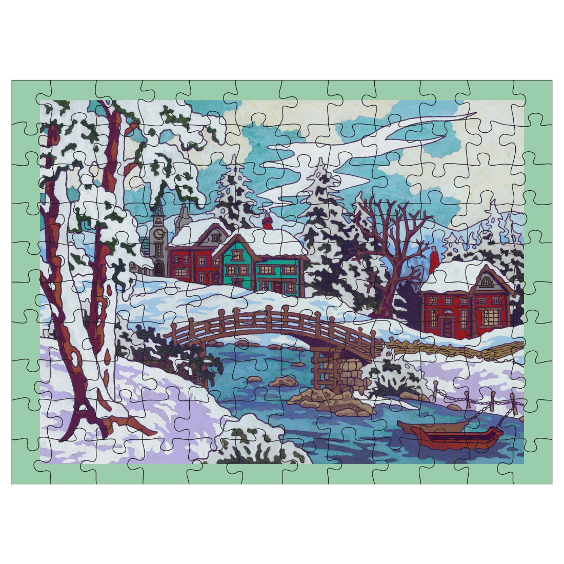 A completed winter landscape jigsaw puzzle showing snow-covered trees, red houses, a wooden bridge over blue water, and a small boat, with a mint green border around the puzzle.