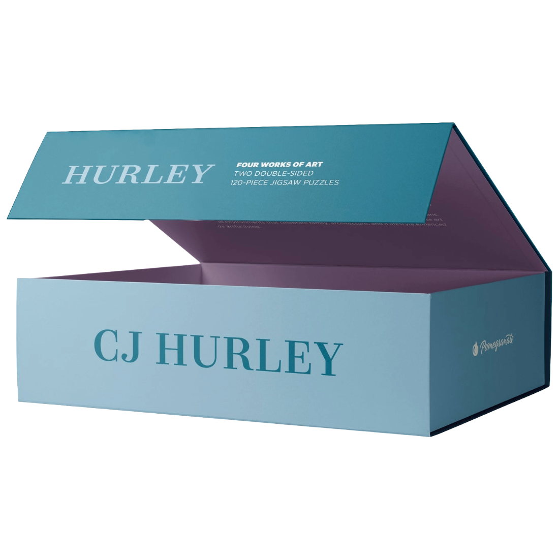 An open presentation box for CJ Hurley jigsaw puzzles, featuring a light blue exterior with teal lettering, a dark teal lid, and a purple interior, shown on a white background.