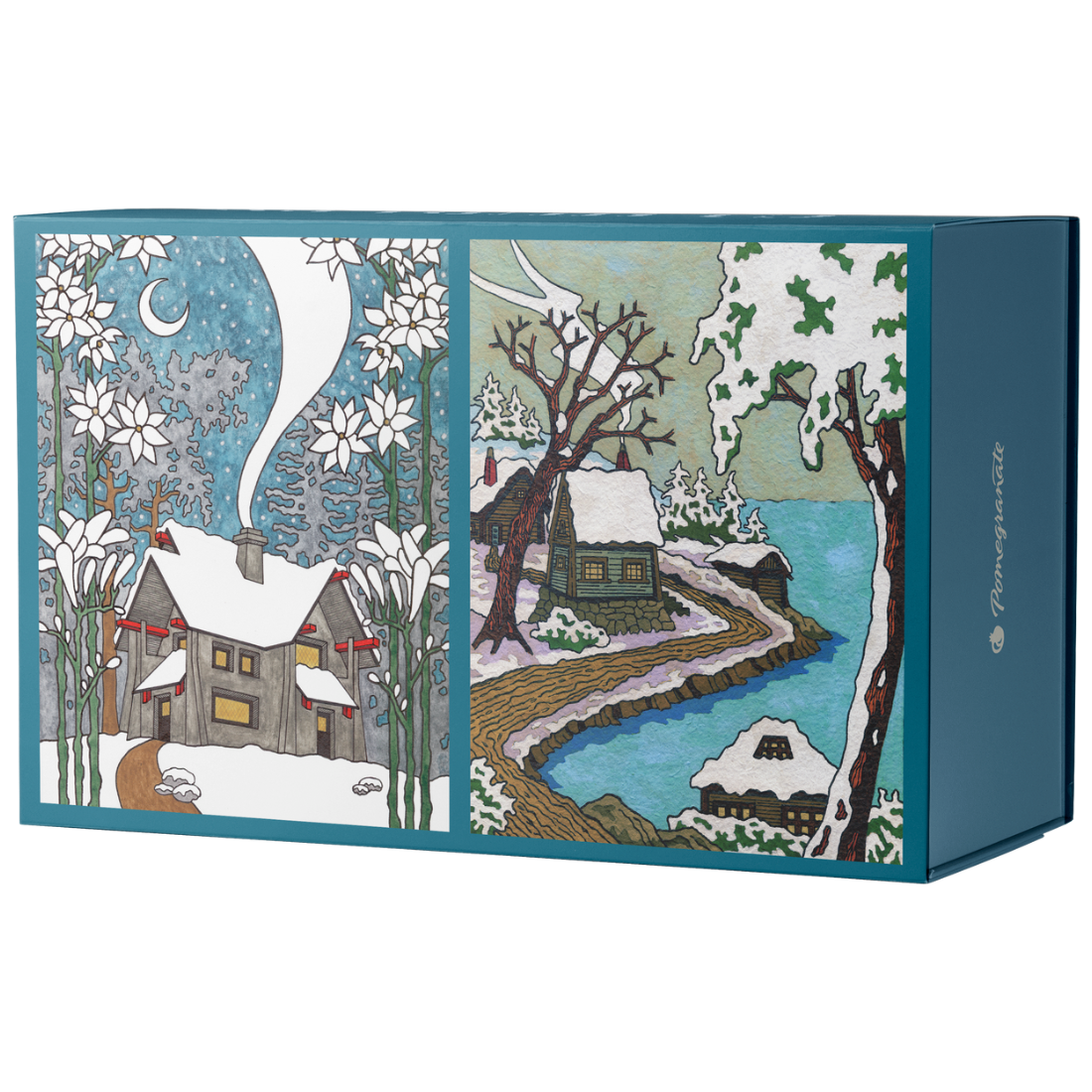 A decorative rectangular box featuring illustrated winter scenes on the front panels. The left panel shows snow-covered houses, trees, a moon, and a winding path under a starry sky.