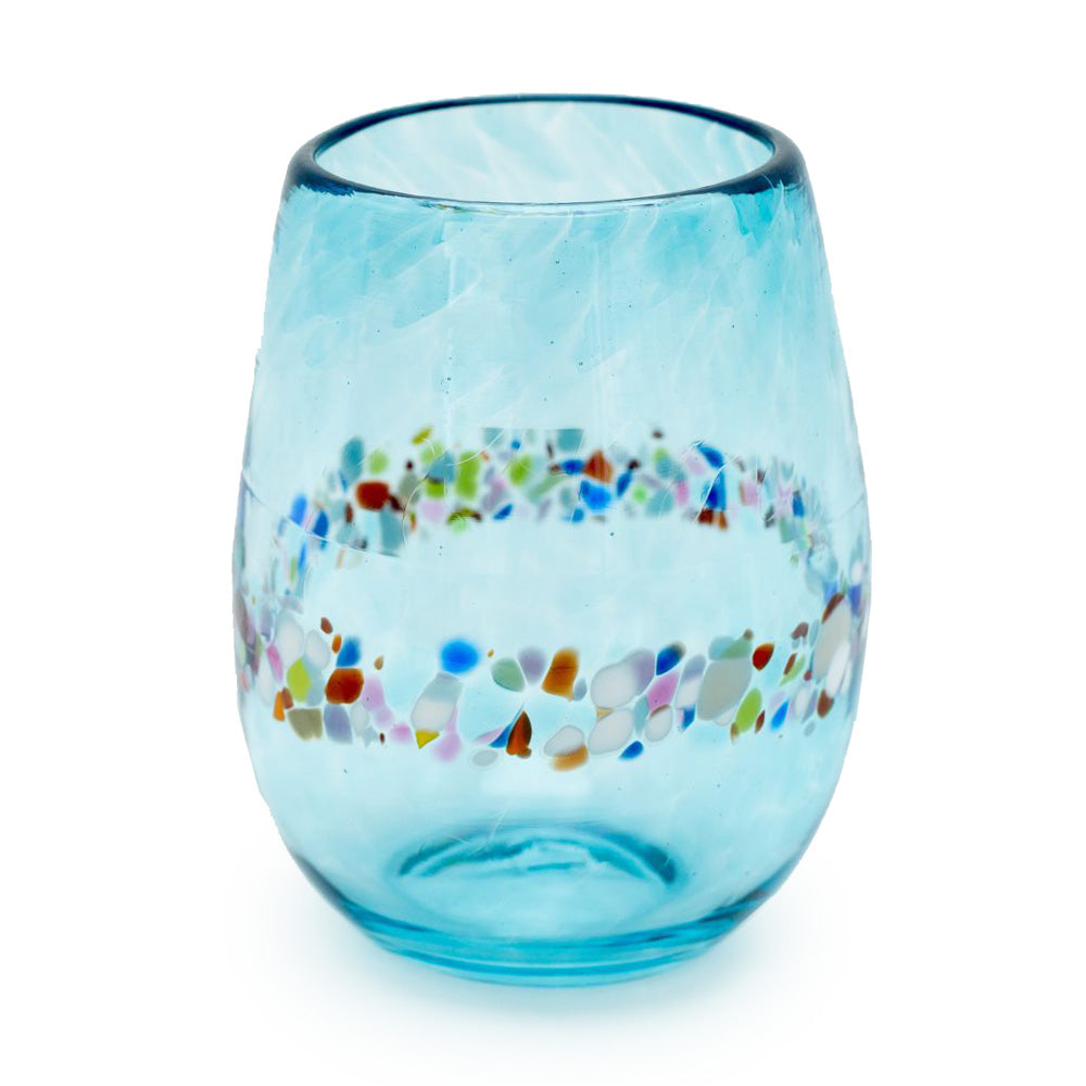 A handblown multicolored stemless wine glass with a unique spotted pattern