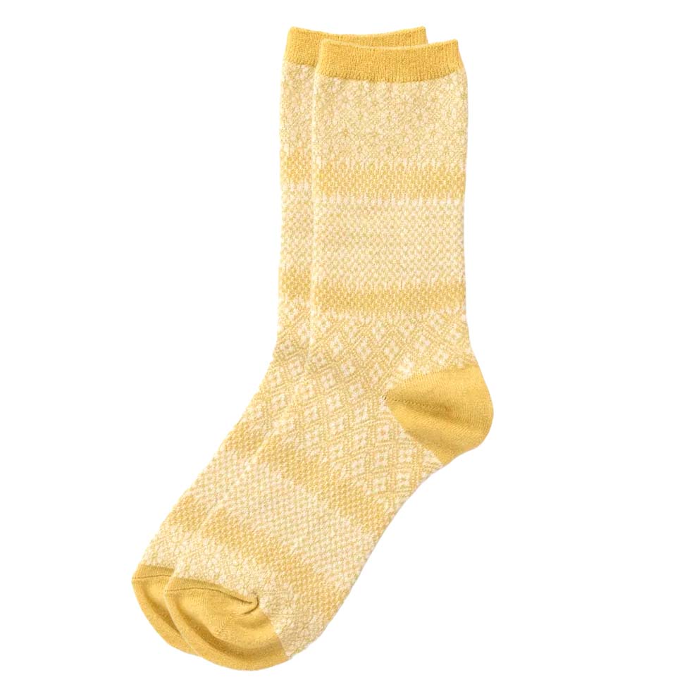 Yellow sock with textured pattern on a white background