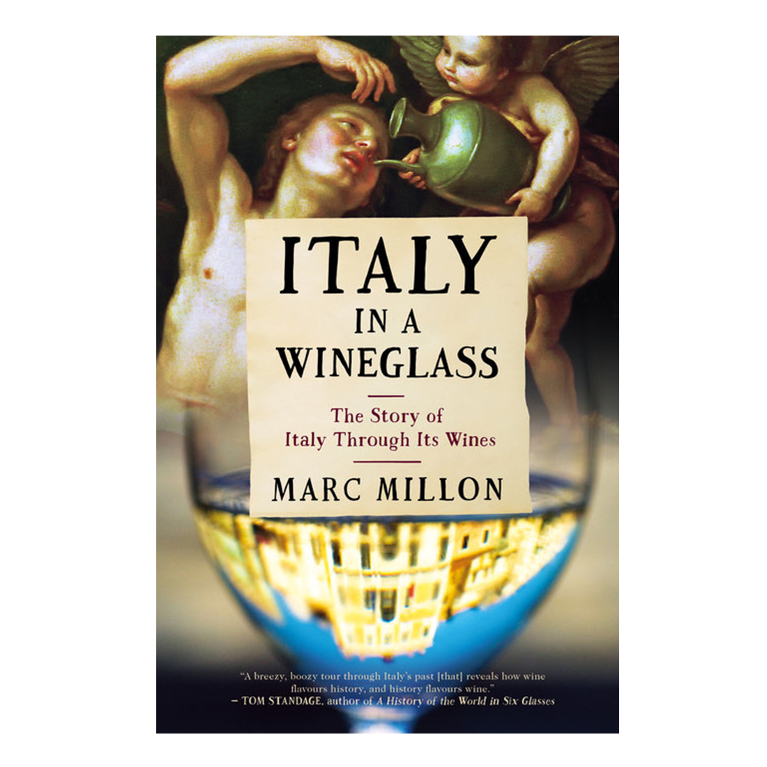 Book cover of 'Italy in a Wineglass' by Marc Millon with classical design elements.