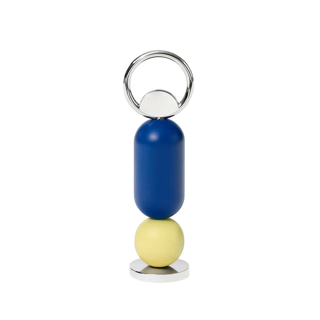 Keychain with blue and yellow beads on a white background