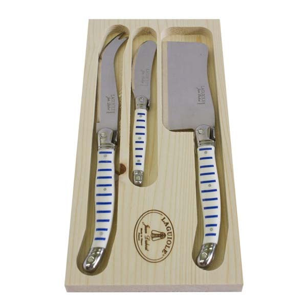 Set of three knives with striped handles in a wooden box, featuring the Laguiole logo.
