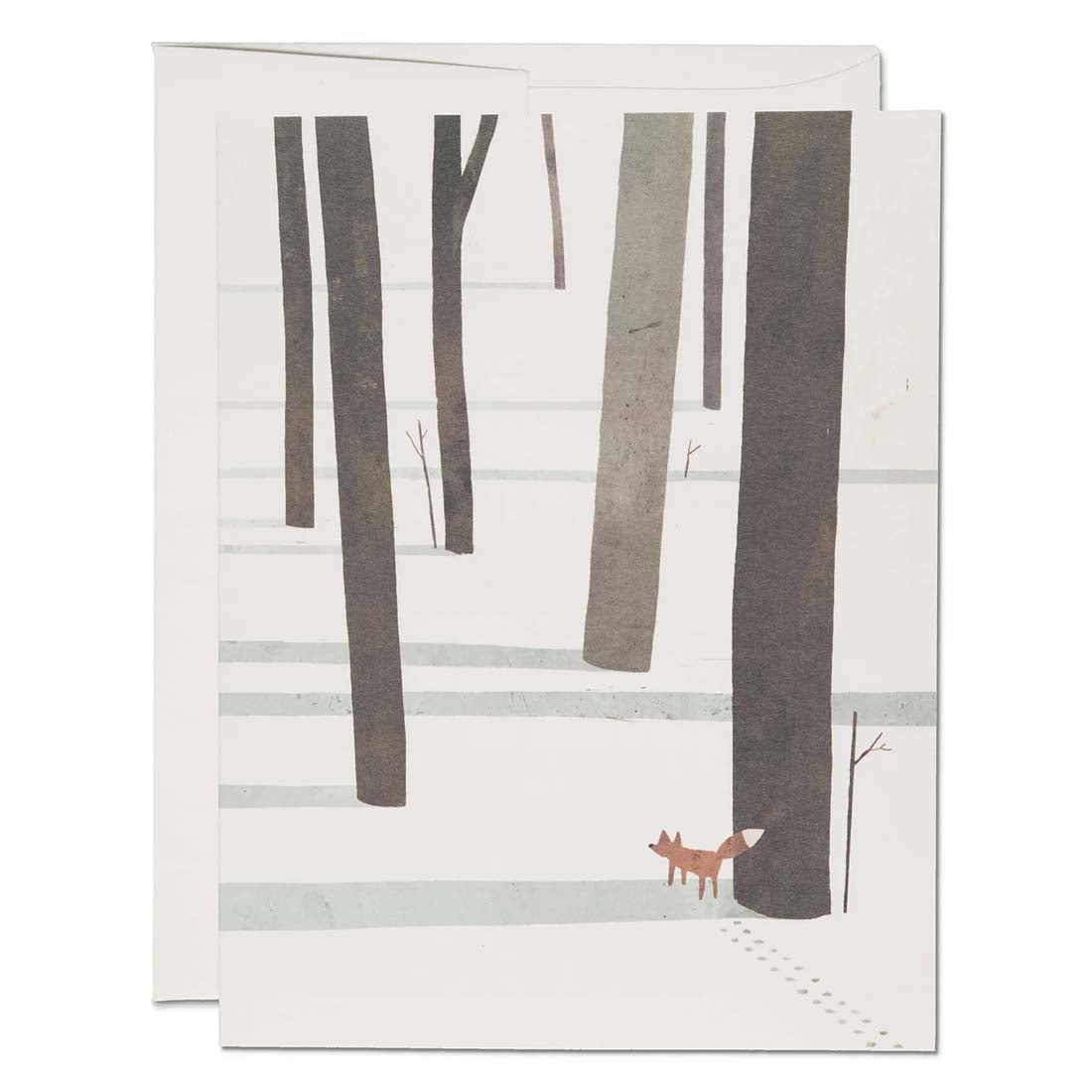 Card with illustration of a fox in a snowy forest
