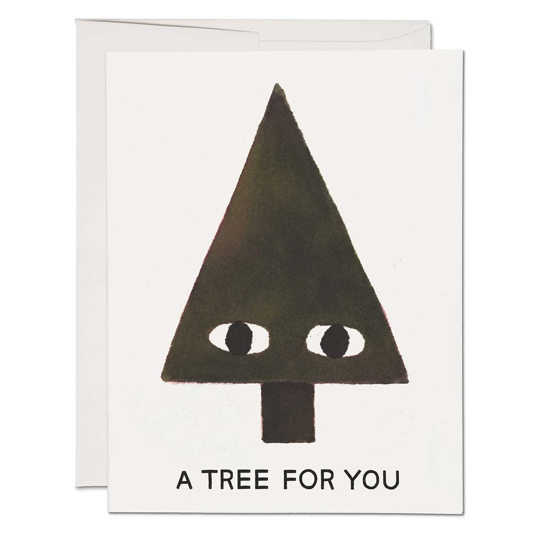 Greeting card with a black triangle with eyes and the text 'A Tree For You' on a white background