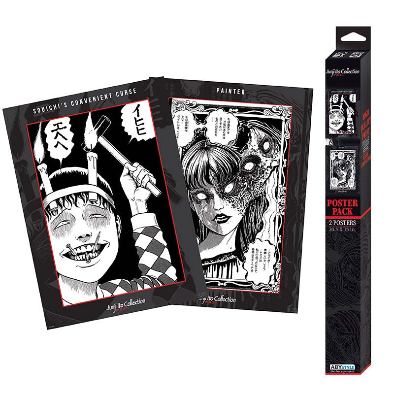 Two posters by Junji Ito with black and white art and a packaging box for 'Saryo Art Collection' on a white background.