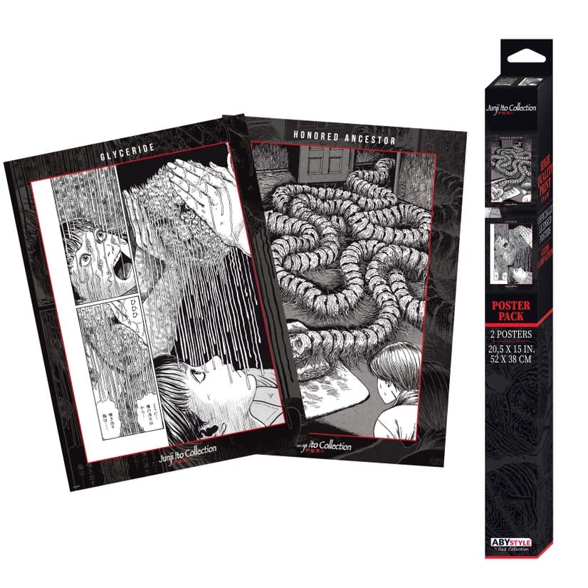 Two black and white posters with artistic designs and a packaging box for 'Abystyle Collection' on a white background.
