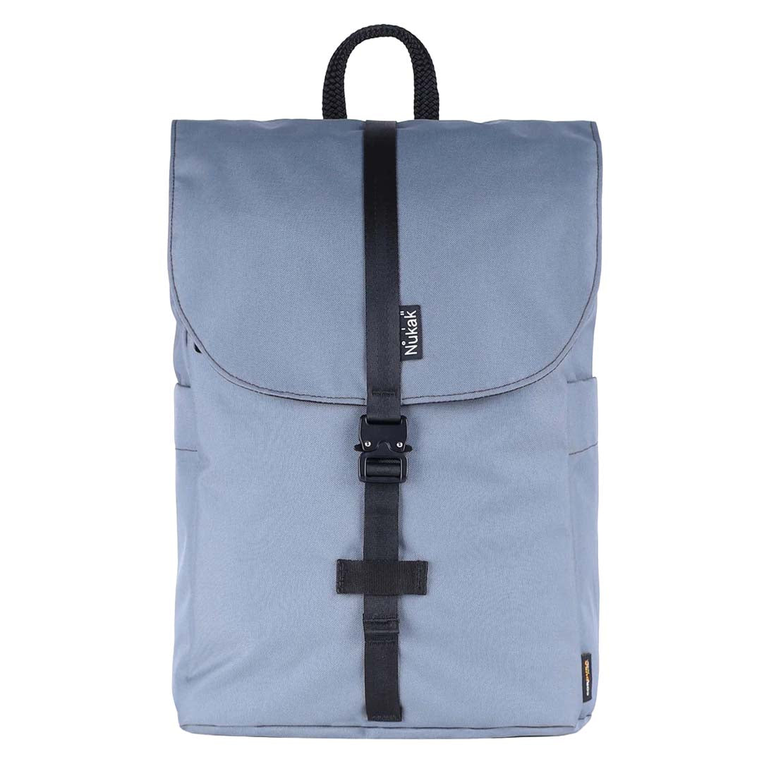Light blue backpack with black straps on a white background