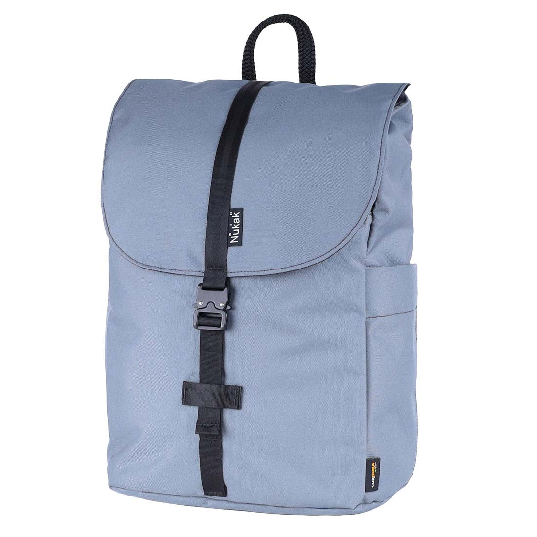 Light blue backpack with black straps on a white background