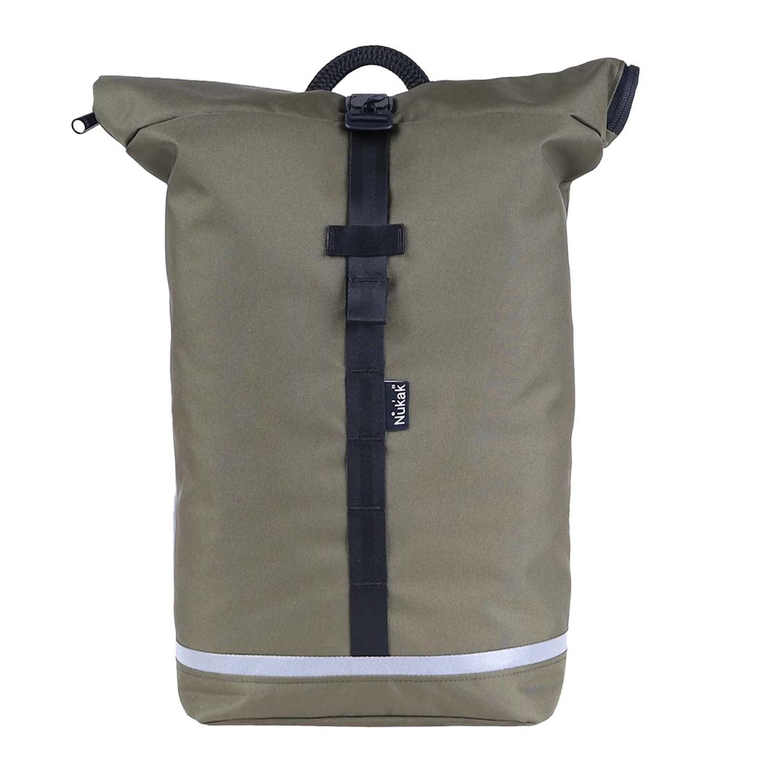 Green roll-top backpack with black straps on a white background