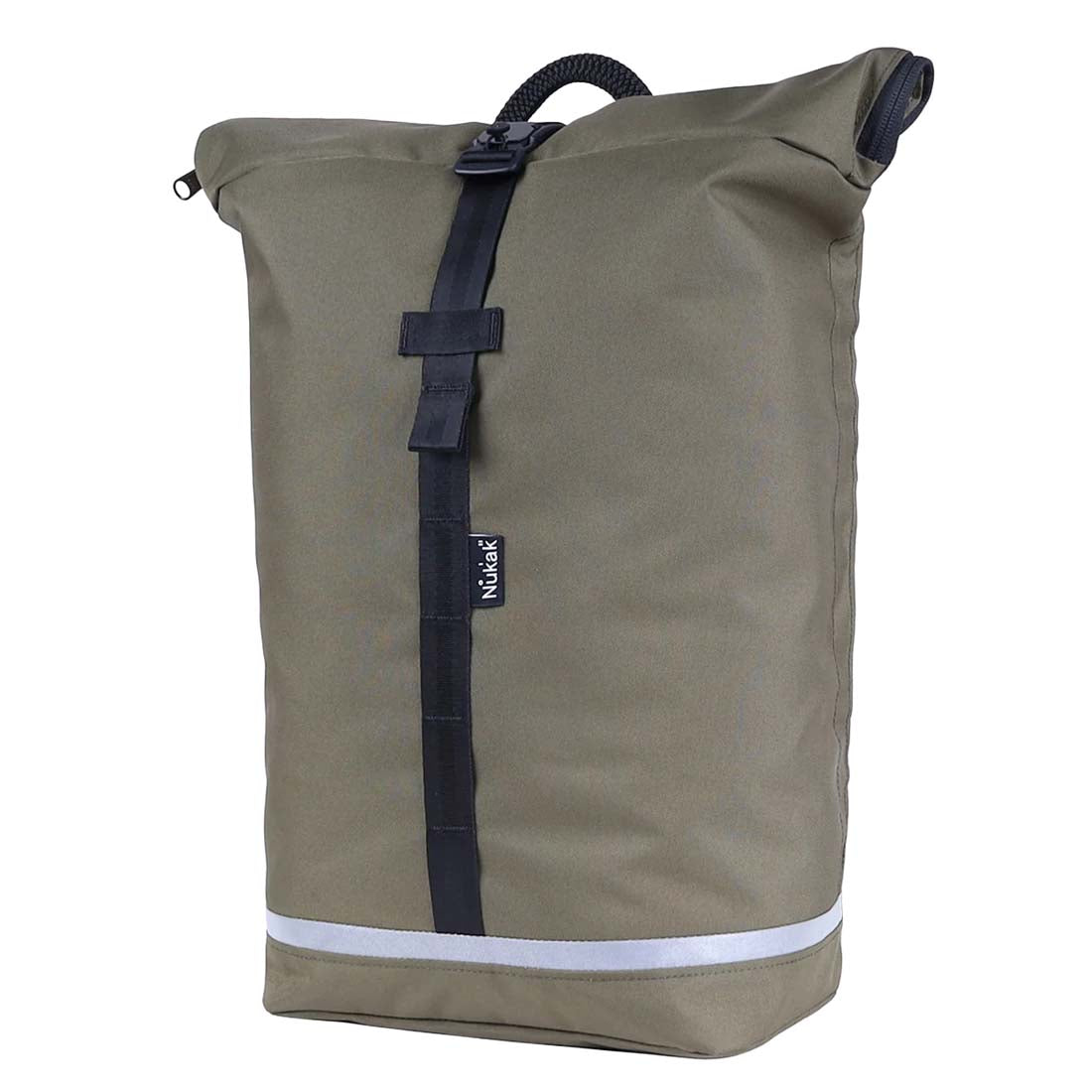 Green roll-top backpack with black straps on a white background
