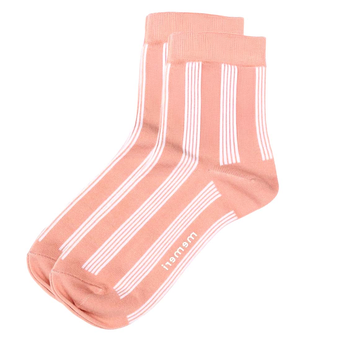 Pair of peach socks with white stripes on a white background