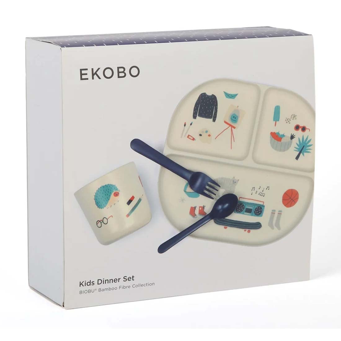 Royal Blue Illustrated Bamboo Kids Dinner Set