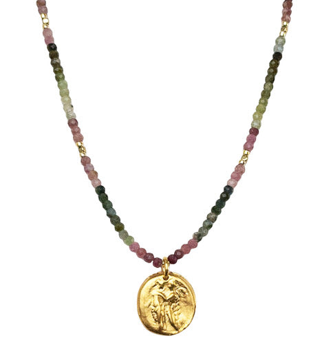 beaded necklace with gold pendant