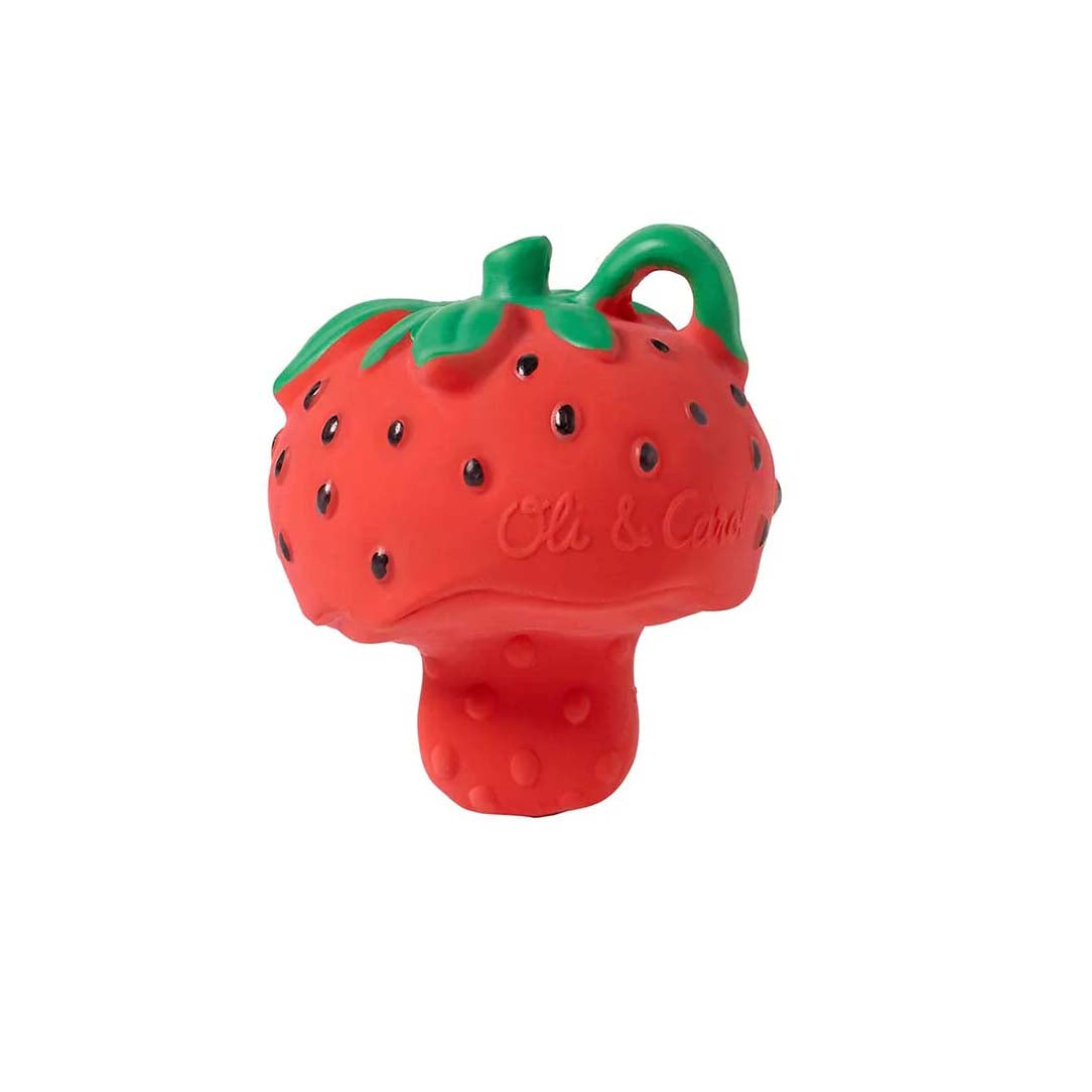 Red strawberry-shaped toy with green top on a white background