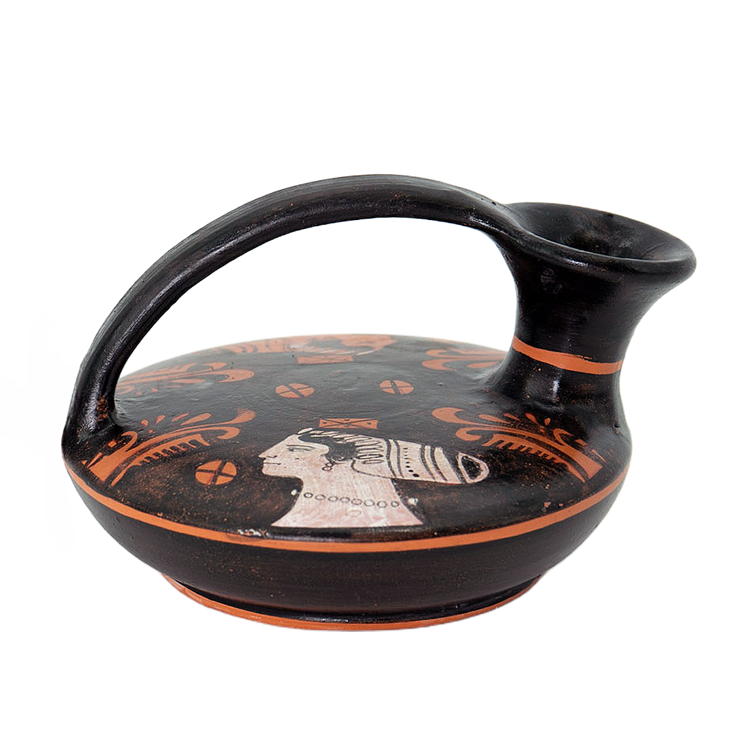 Black ceramic jug with red and white decorative patterns on a white background