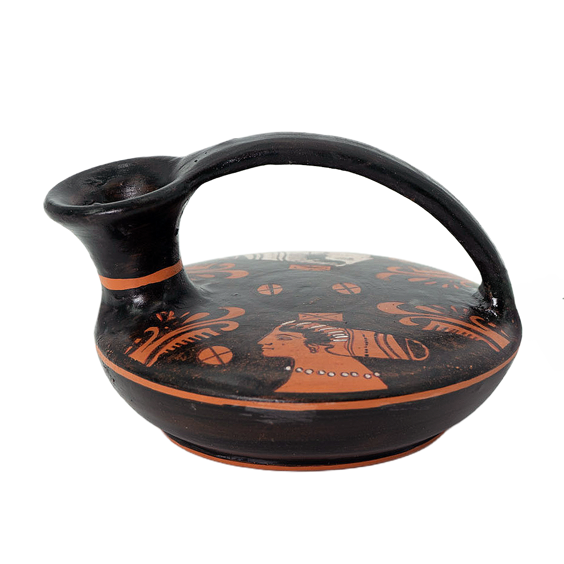 Black and orange ceramic jar with handle on a white background