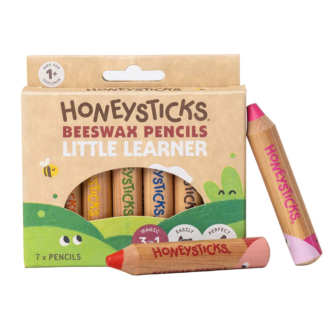 Honeysticks beeswax pencils packaging with a pencil leaning against it on a white background
