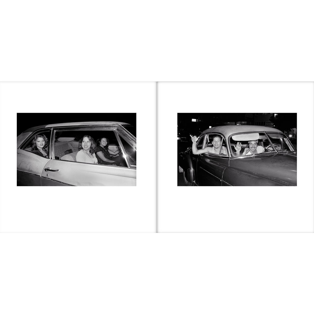 Black and white photo of two men in a car with 'LOWRIDERS' text above.