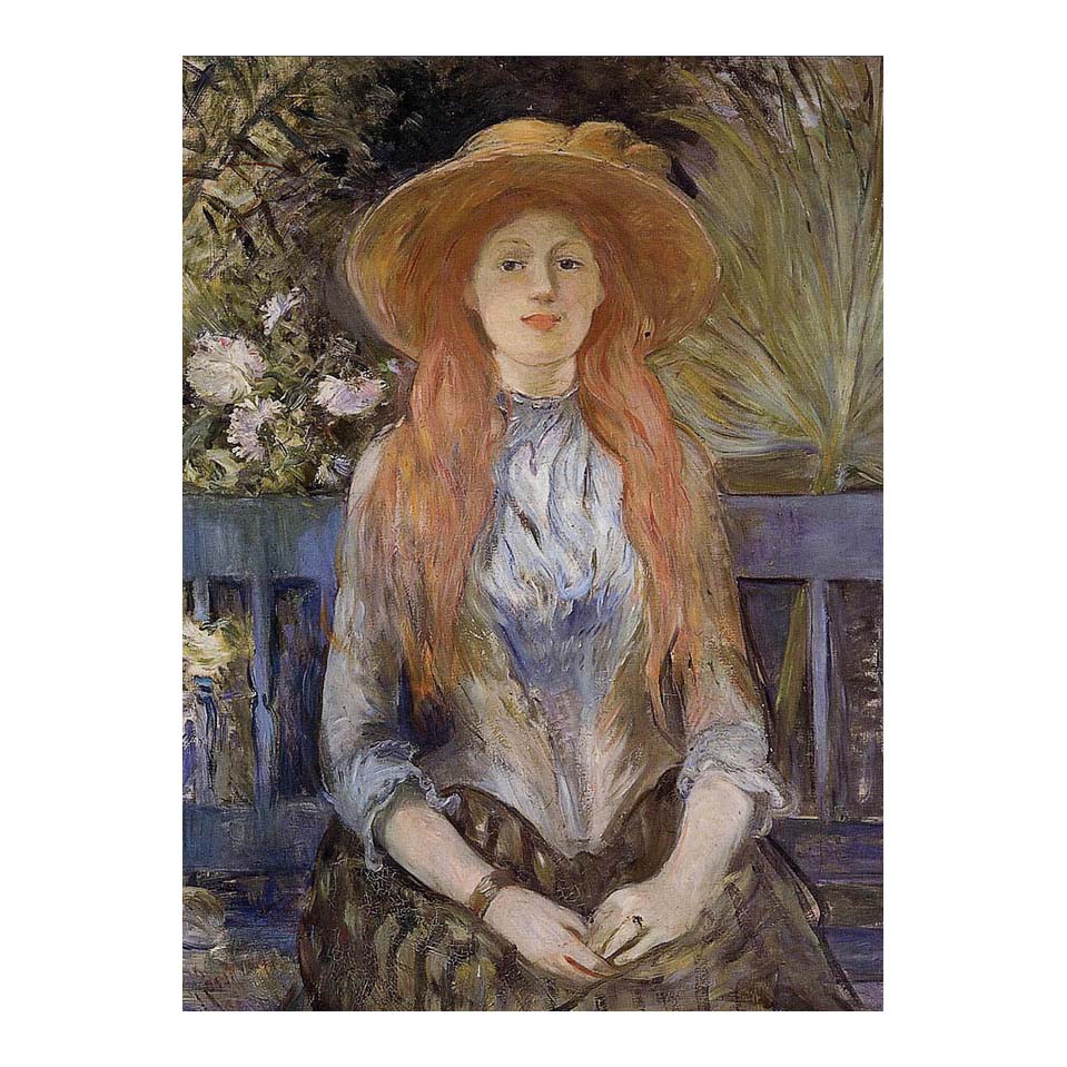 A set of notecards featuring a printed artwork of a woman with red hair wearing a hat, seated outdoors.