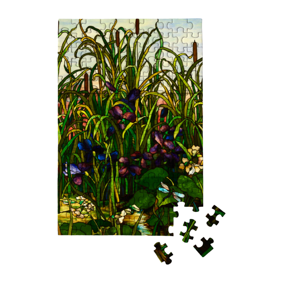 A completed jigsaw puzzle showing a stained-glass-style floral scene with tall green reeds, purple flowers, blue irises, and a small dragonfly, displayed on a white background with several loose puzzle pieces in front.
