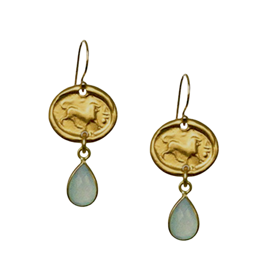 Gold disk earrings with teardrop-shaped green toned stone