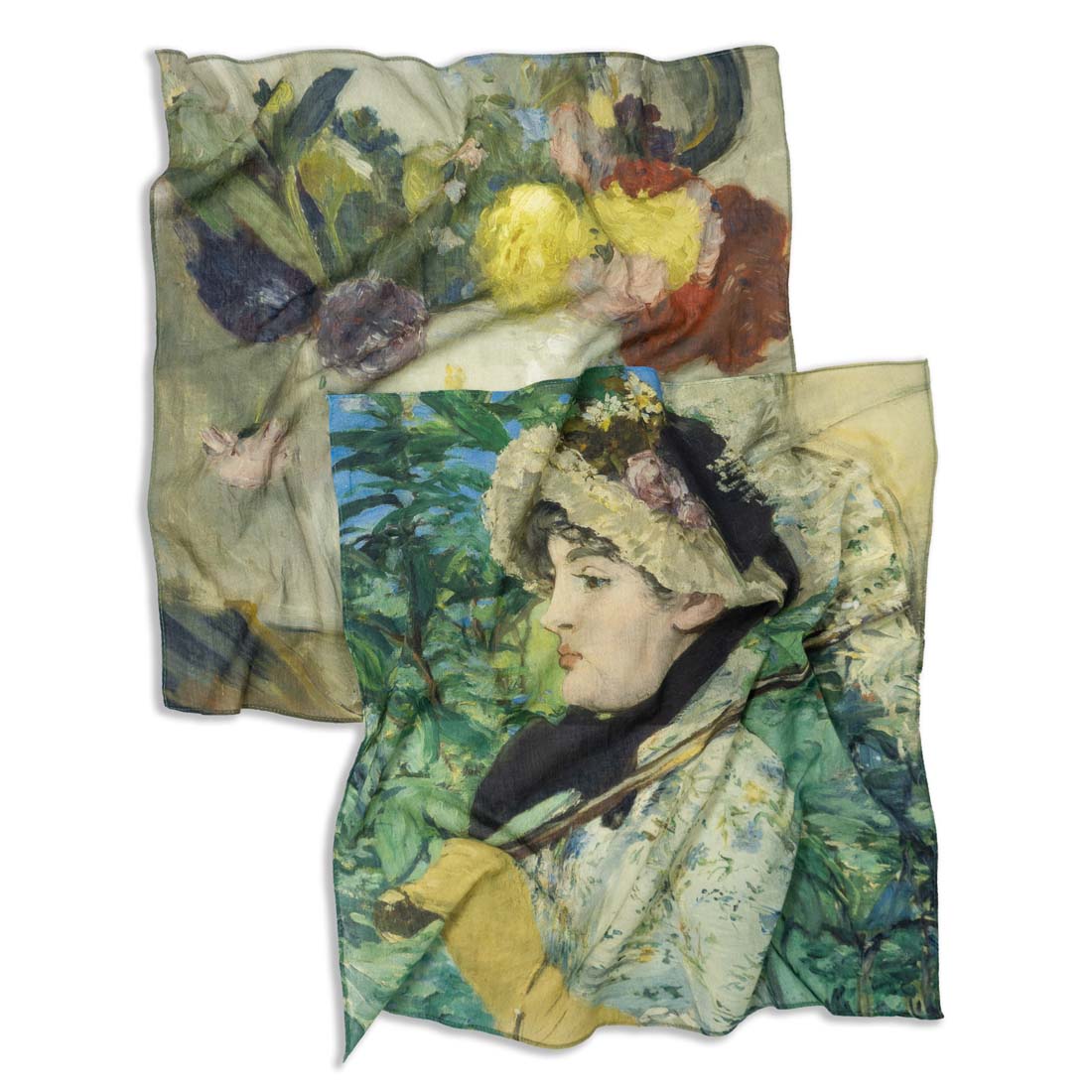 Square scarf with a design of a woman in a garden, inspired by classical art.