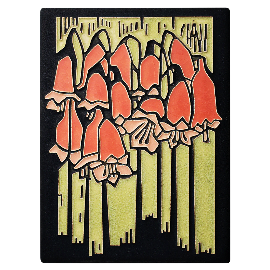 Decorative wall art with red floral design on a black tile