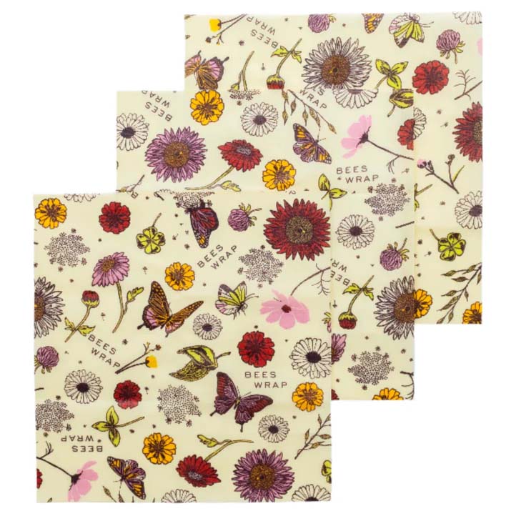 Two floral-patterned Bees Wrap sheets on a white background