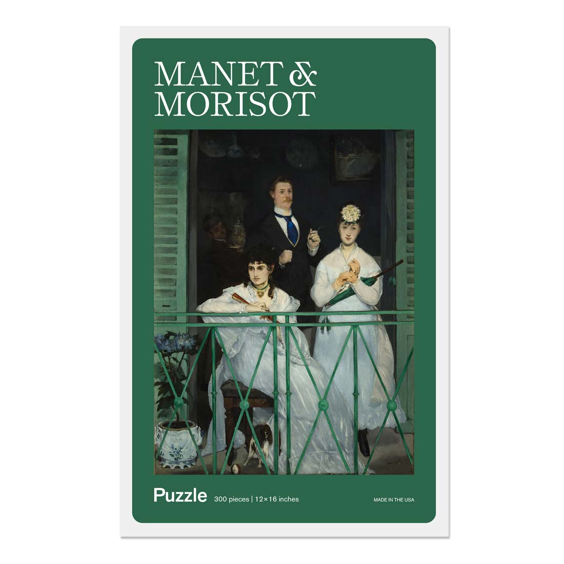 Manet & Morisot puzzle packaging with a painting of two people on a balcony.
