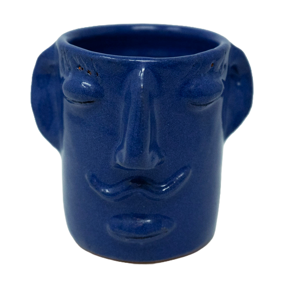 Ceramic mug with blue glaze shaped like a face