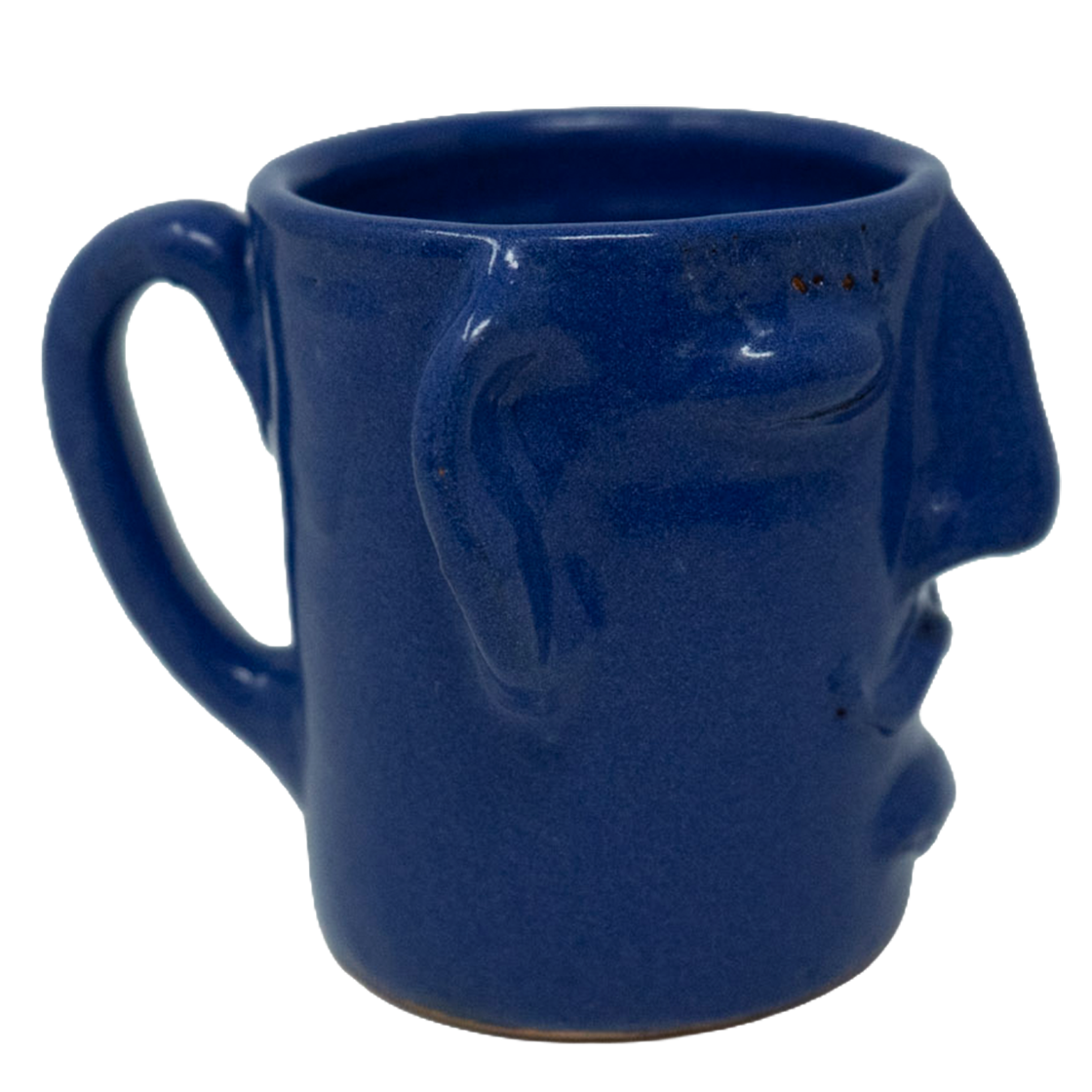Ceramic mug with blue glaze shaped like a face
