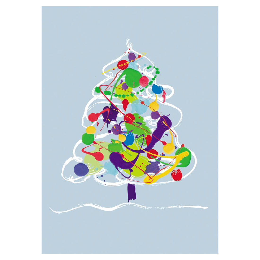 A square art print featuring a colorful abstract Christmas tree on a light blue background, with splashes of purple, green, yellow, red, and blue paint and white brushstrokes.