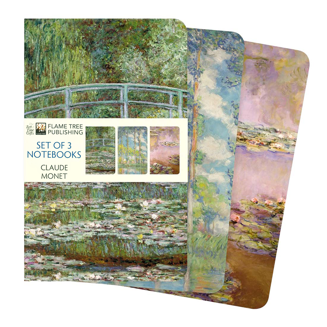 Set of 3 notebooks featuring Claude Monet's artwork with Flame Tree Publishing logo.