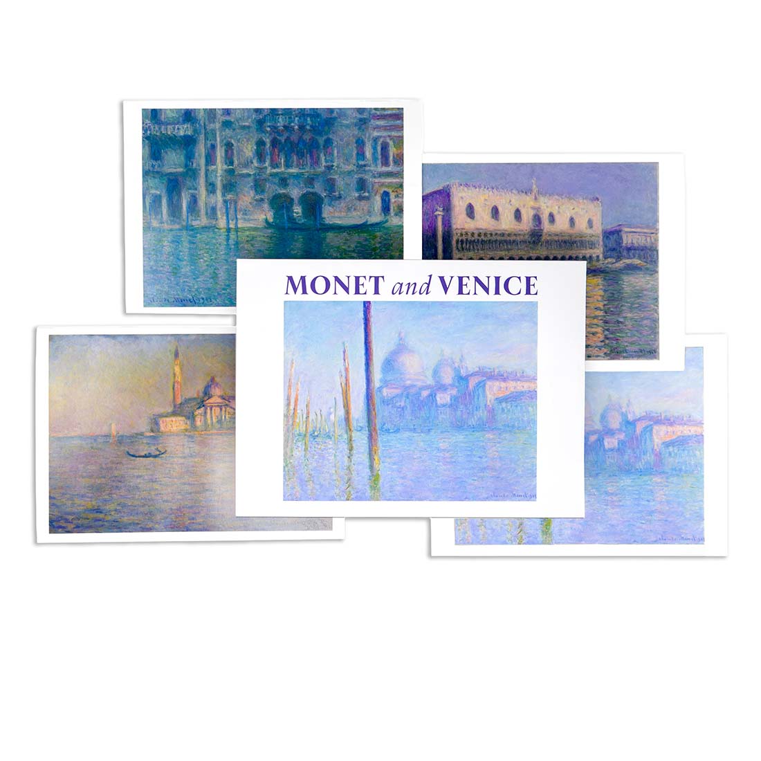 Collection of Monet's artwork featuring scenes from Venice on a white background.
