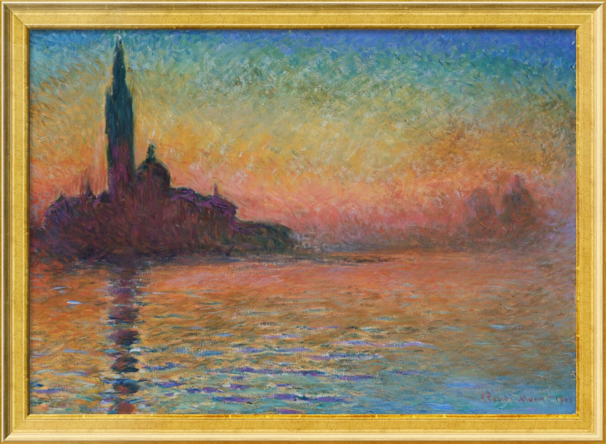 Framed artwork of a sunset over a cityscape with a prominent clock tower.