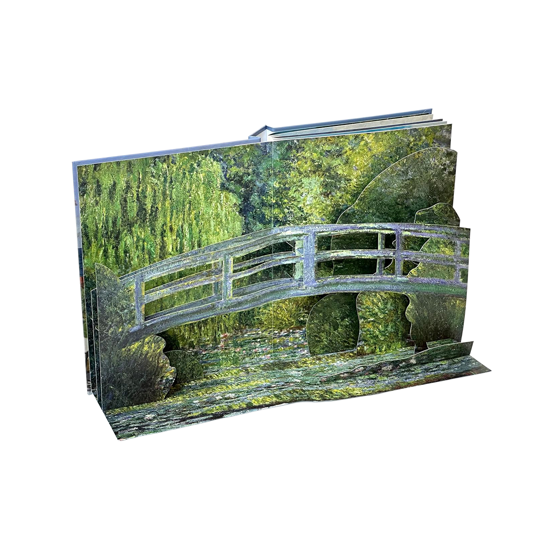 Cover of 'Monet: The Pop-up Book' with a painting of people by a garden and sea.