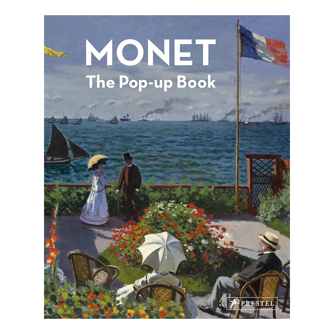 Cover of 'Monet: The Pop-up Book' with a painting of people by a garden and sea.