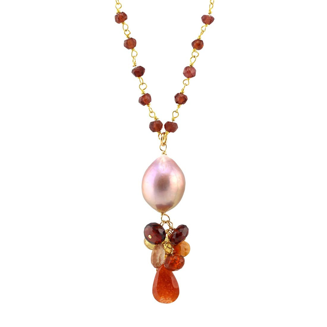 A gold-plated chain necklace featuring a champagne Edison pearl pendant with garnet and citrine beads, and a sunstone drop.