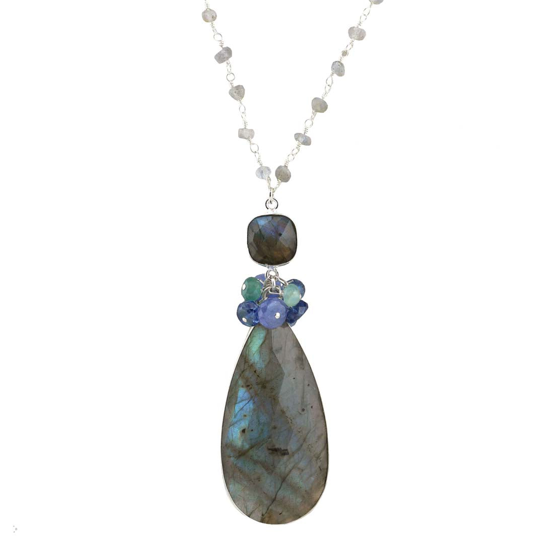 A silver-colored labradorite gemstone pendant with a bezelled design, adorned with a cluster of smaller labradorite stones set in a silver chain. The pendant features a lobster clasp closure.
