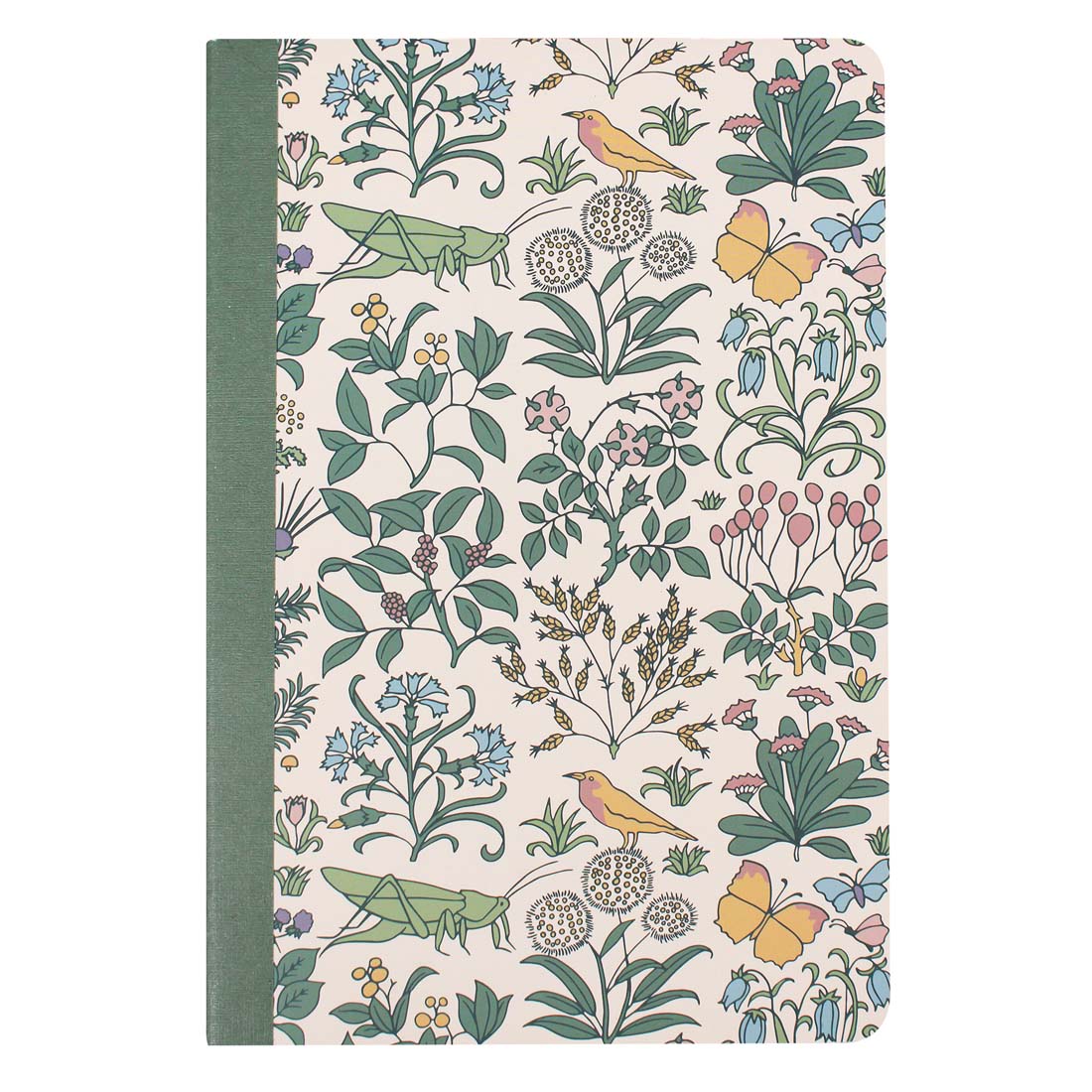 A notebook with a floral and botanical pattern on the cover, featuring an illustration of plants and insects, with a belly band displaying the product name and brand.