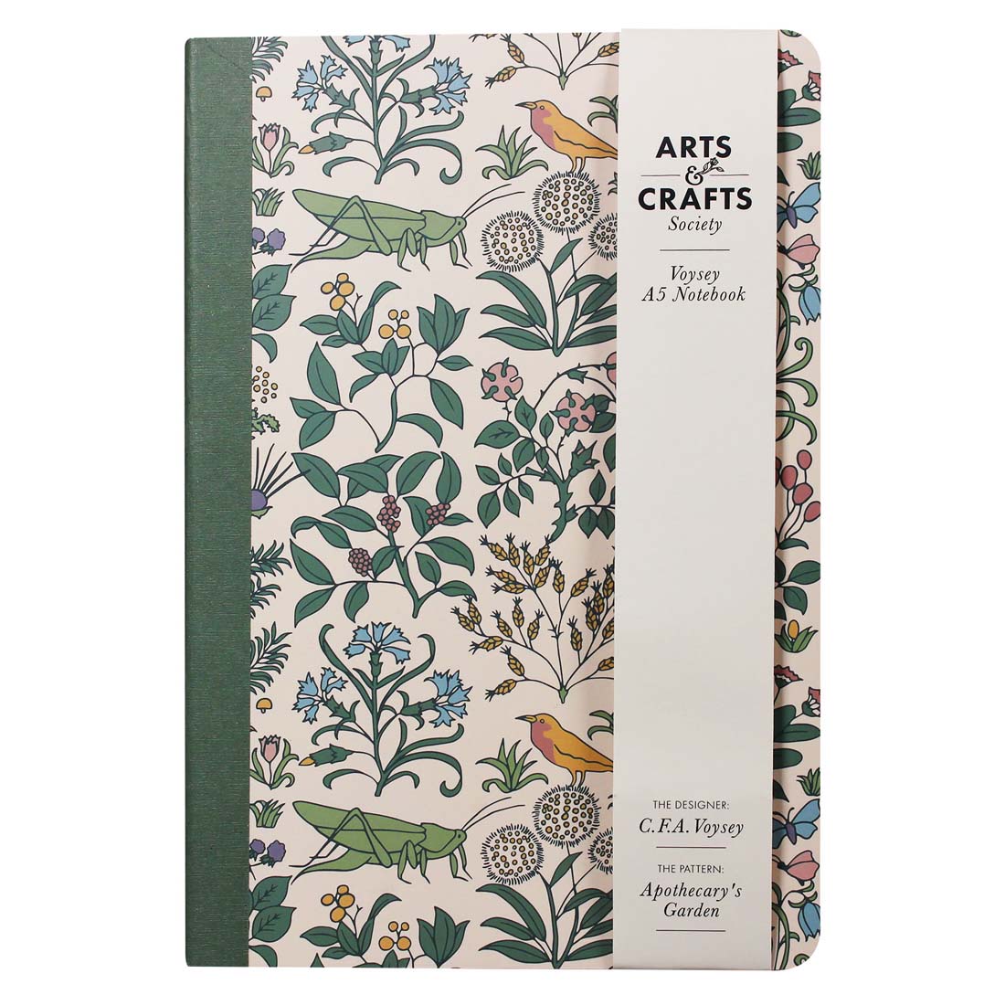 A notebook with a floral and botanical pattern on the cover, featuring an illustration of plants and insects, with a belly band displaying the product name and brand.