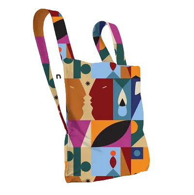 Colorful abstract-patterned bag on a white background