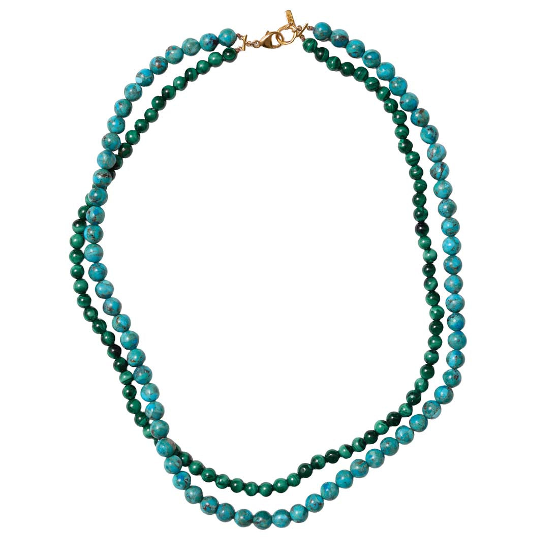 Two layered turquoise beaded necklace on a white background