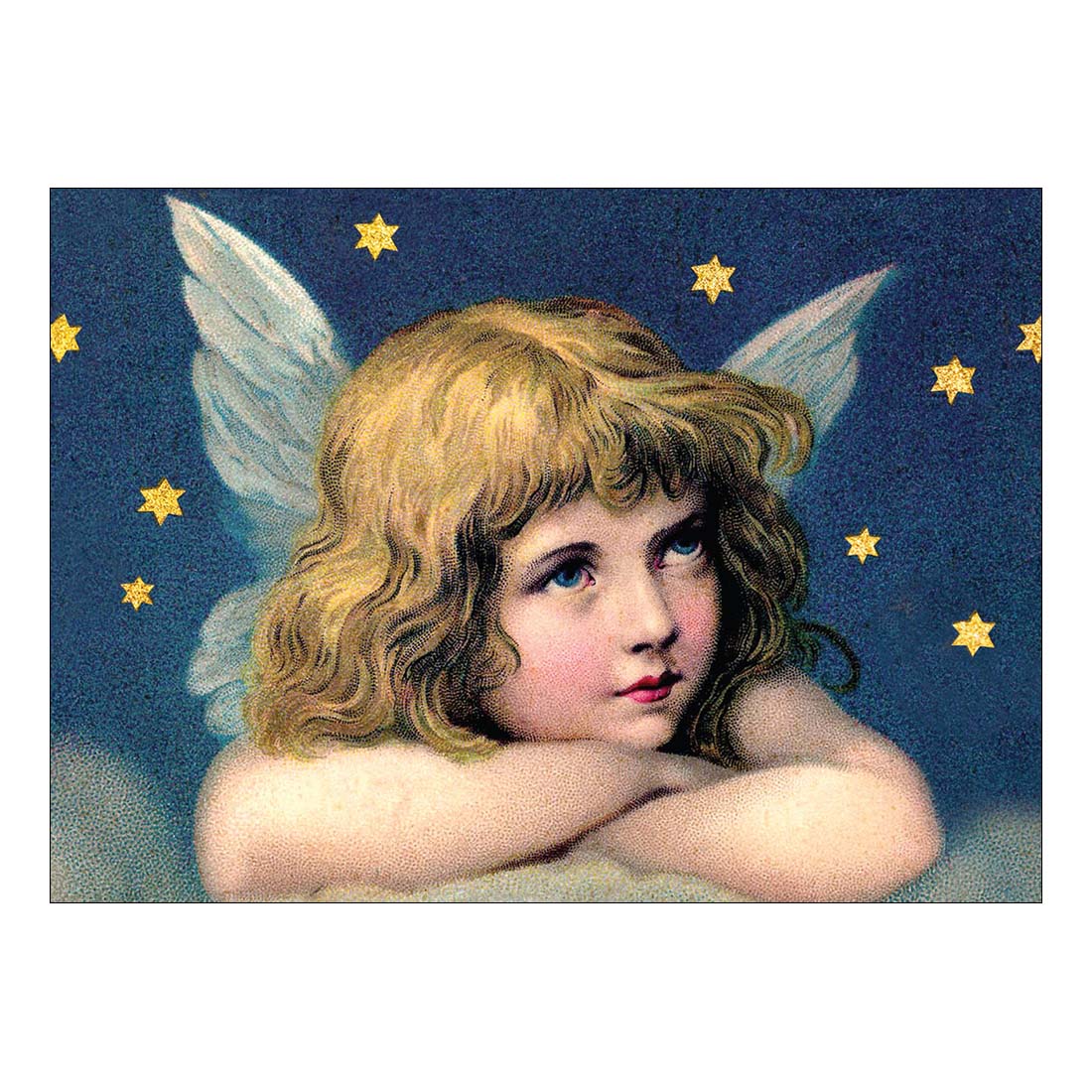 Illustration of a cherub with wings against a starry night sky