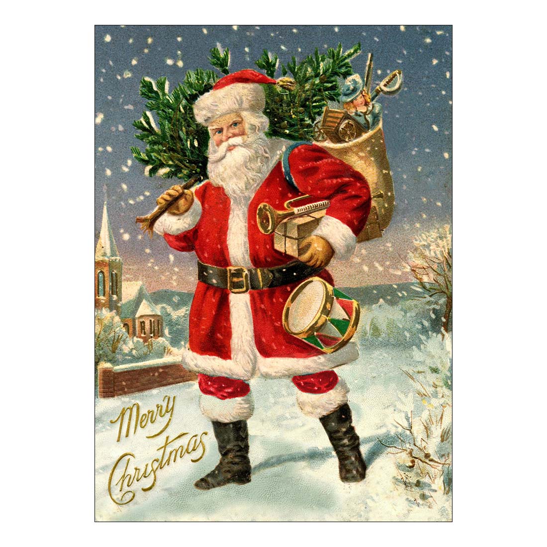 Vintage-style Christmas card with Santa Claus carrying a tree and gifts in a snowy landscape.