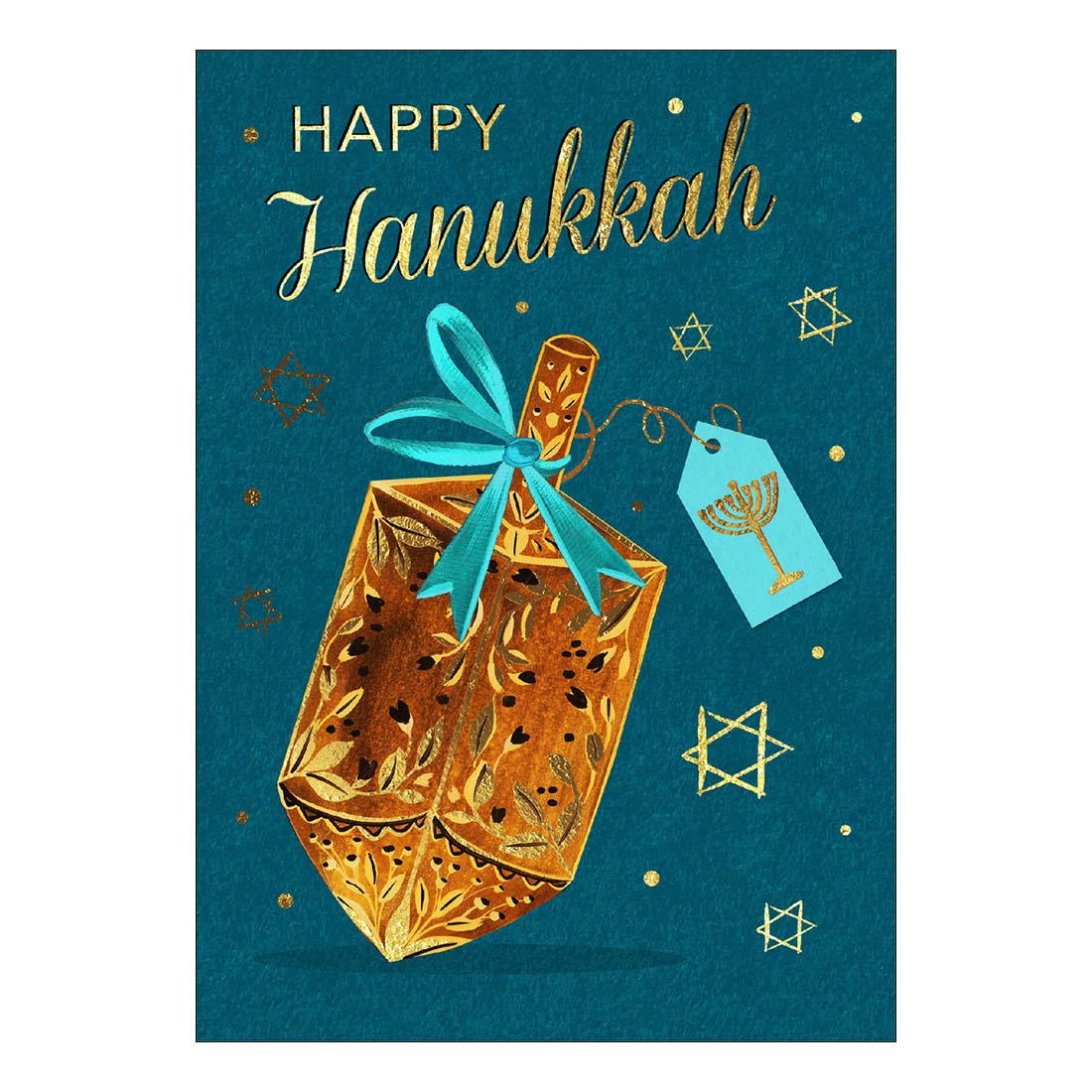 Happy Hanukkah card with dreidel, blue ribbon, and Star of David decorations on a teal background.