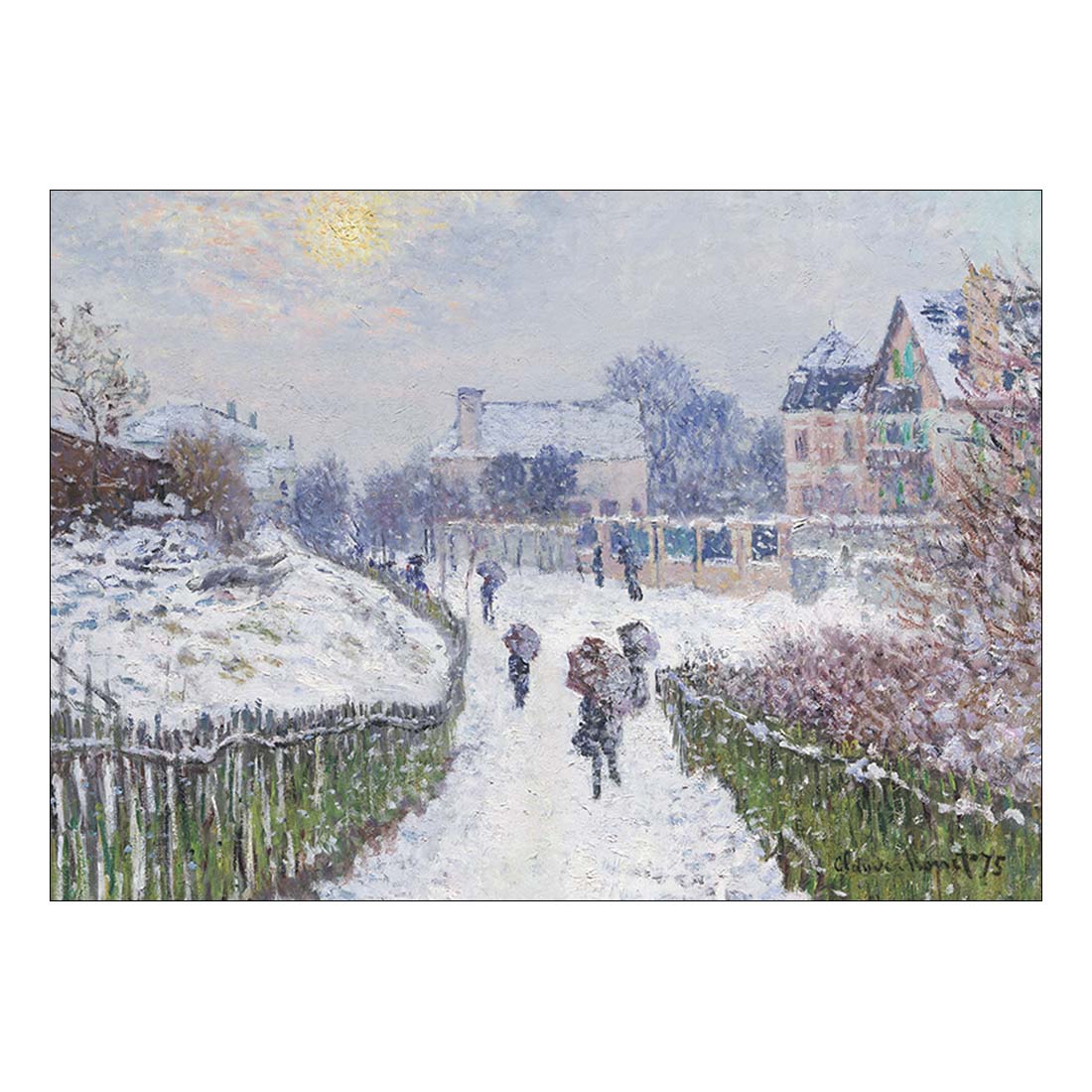Painting of a snowy village scene with people walking and houses in the background.